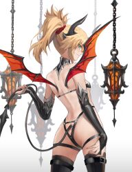 1girl absurdres ass back bare_shoulders bikini black_bikini black_thighhighs blonde_hair breasts bridal_gauntlets demon_horns demon_tail demon_wings detached_collar detached_sleeves fate/apocrypha fate_(series) green_eyes highleg highleg_bikini highres horns large_variant_set long_hair looking_at_viewer looking_back mordred_(fate) mordred_(fate/apocrypha) ponytail sidelocks small_breasts smile solo swimsuit tail thighhighs tonee variant_set wings