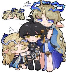 &gt;_&lt; 3girls antenna_hair black_boots black_dress black_hair black_thighhighs blonde_hair blue_eyes blue_hair boots breasts cartethyia_(wuthering_waves) chibi chibi_only colored_inner_hair commentary crown_of_thorns dress female_rover_(wuthering_waves) fleurdelys_(wuthering_waves) flying_sweatdrops hair_ribbon hashtag-only_commentary highres horns large_breasts long_hair looking_at_another multicolored_hair multiple_girls multiple_persona parted_bangs pelvic_curtain pointy_ears pouch pout remnant_cube_(wuthering_waves) ribbon rover_(wuthering_waves) simple_background single_horn tacet_mark_(wuthering_waves) thigh_boots thigh_pouch thighhighs thighhighs_under_boots thighs very_long_hair white_background wuthering_waves yellow_eyes yellow_horns yellow_ribbon zunusama