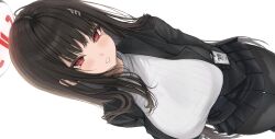 1girl absurdres black_hair black_pantyhose blue_archive blush breasts bright_pupils hair_ornament hairclip halo highres large_breasts long_hair looking_at_viewer pantyhose red_eyes rio_(blue_archive) rosumini simple_background solo sweater very_long_hair white_background white_pupils white_sweater