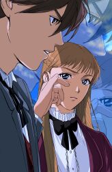 Rule 34 | 1boy, 1girl, adam&#039;s apple, amikoiiko, black ribbon, blazer, blonde hair, blue eyes, blue sky, braid, brown hair, cloud, cloudy sky, collar, collared shirt, commentary request, dress shirt, facing to the side, fingernails, frilled collar, frills, grey jacket, gundam, gundam wing, hair between eyes, half up braid, hand on another&#039;s face, heero yuy, highres, jacket, juliet sleeves, lapels, long hair, long sleeves, looking at another, neck ribbon, notched lapels, official alternate costume, open mouth, pink lips, portrait, profile, puffy sleeves, purple jacket, red vest, relena peacecraft, ribbon, school uniform, shirt, short hair, sky, swept bangs, teeth, upper teeth only, vest, waistcoat, white shirt, zoom layer