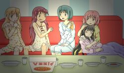 Rule 34 | 5girls, akemi homura, black hair, blonde hair, blue hair, couch, cuddling, highres, holy quintet, hug, kaname madoka, long hair, lying on person, mahou shoujo madoka magica, majka626, miki sayaka, multiple girls, pink hair, pizza box, red hair, sakura kyoko, short hair, sleeping, sleepover, sleepwear, smile, tomoe mami, twintails