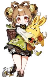 1girl artist_name backpack_basket bag basket bell black_dress bloomers blush boots bow bow-shaped_hair braid brown_eyes brown_hair commentary_request double-parted_bangs dress fur-trimmed_boots fur_trim genshin_impact gradient_sleeves green_jacket grin hair_bell hair_ornament holding holding_stuffed_toy jacket jingle_bell leg_up long_sleeves looking_at_viewer meda_cha medium_hair orange_bow pocket puffy_long_sleeves puffy_sleeves radish sidelocks signature simple_background smile solo stuffed_animal stuffed_rabbit stuffed_toy tassel underwear white_background white_bloomers white_boots yaoyao_(genshin_impact) yuegui_(genshin_impact)