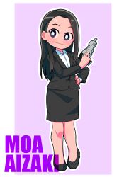 1girl aizaki_moa animification black_hair black_high_heels black_jacket black_shoes black_skirt blush border bright_pupils buttons character_name closed_mouth collared_shirt commentary curtained_hair dress_shirt formal_clothes full_body grey_eyes gun hand_on_own_hip hand_up handgun high_heels highres holding holding_gun holding_weapon index_finger_raised jacket lapels long_hair long_sleeves looking_to_the_side miniskirt no_nose pencil_skirt purple_background raised_eyebrows shirt shoes skirt skirt_suit smile solo standing suit suit_jacket tokusatsu tsubasa_(godbardtsubasa) ultra_series ultraman_geed_(series) weapon white_border white_pupils white_shirt wing_collar