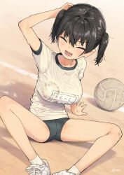 1girl :d ^_^ ball black_buruma black_hair blush breasts buruma closed_eyes collarbone commentary_request dated fang gaki_kyonyuu gym_shirt gym_uniform highres kaedeko_(kaedelic) large_breasts legs open_mouth oppai_loli sand sasaki_kanna shirt shoes short_sleeves signature sitting smile sneakers solo teeth twintails volleyball_(object) white_shoes