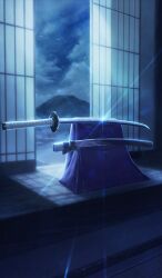 cloud commentary_request diffraction_spikes fate/grand_order fate_(series) glint indoors katana moonlight mountain night no_humans official_art sakumamitsuro shouji sky sliding_doors still_life sword tatami third-party_source unsheathed weapon weapon_focus