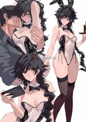 1boy 1girl anger_vein animal_ears armpits arms_up black_hair black_leotard black_necktie black_thighhighs blush bow bowtie braid breasts cellphone cleavage closed_mouth commentary curvy detached_collar drink fake_animal_ears fake_tail father_and_daughter fushiguro_megumi fushiguro_touji genderswap genderswap_(mtf) green_eyes hair_between_eyes highres holding holding_phone holding_tray incest jujutsu_kaisen leotard long_hair looking_at_viewer looking_to_the_side mature_male medium_breasts meme_attire navel necktie nipples phone playboy_bunny rabbit_ears rabbit_tail scar scar_on_face scar_on_mouth see-through_clothes see-through_leotard shinoda_giri shirt short_hair simple_background smartphone standing strapless strapless_leotard symbol-only_commentary tail thick_thighs thighhighs thighs traditional_bowtie translucent_bunnysuit tray very_long_hair white_background