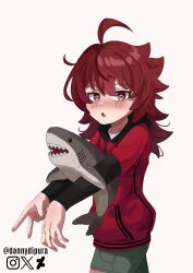 1girl absurdres bad_source denim denim_shorts embarrassed heart heart-shaped_pupils highres hood hooded_jacket hug hugging_doll hugging_object jacket looking_at_viewer open_mouth original pink_eyes red_hair red_jacket shorts shy simple_background solo symbol-shaped_pupils