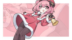 Rule 34 | 1girl, :d, bell, beret, black bow, black gloves, black pantyhose, blue archive, blush, border, bow, capelet, cross hair ornament, dress, dutch angle, feather hair, feet out of frame, fur-trimmed capelet, fur-trimmed dress, fur-trimmed sleeves, fur trim, gloves, hair between eyes, hair bow, hair bun, hair ornament, hand up, handbell, happy, hat, highres, holding, holding bell, medium hair, needle (574187457), official alternate costume, official alternate hairstyle, open mouth, outside border, pantyhose, pink background, pink eyes, pink hair, pom pom (clothes), red capelet, red dress, red hat, santa costume, santa dress, serina (blue archive), serina (christmas) (blue archive), simple background, single side bun, sleeves past wrists, smile, solo, standing, white border, zoom layer