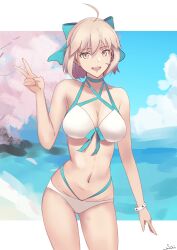 1girl absurdres ahoge bikini blue_bow bow bracelet breasts cleavage collarbone contrapposto cowboy_shot day fate/grand_order fate_(series) gluteal_fold grey_hair groin hair_between_eyes hair_bow highres jewelry looking_at_viewer medium_breasts navel ocean okita_j._souji_(fate) okita_j._souji_(third_ascension)_(fate) okita_souji_(fate) open_mouth outdoors s4ika short_hair smile solo standing swimsuit thigh_gap v white_bikini yellow_eyes