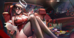 Rule 34 | 1girl, :o, absurdres, alcohol, bare shoulders, black choker, black thighhighs, bottle, breasts, car interior, car seat, choker, cityscape, cleavage, collarbone, commentary request, crossed legs, cup, donut, dress, drinking glass, evening gown, feather boa, flower, food, hair between eyes, halo, highres, holding, holding cup, huge breasts, lace, lace-trimmed dress, lace trim, long hair, long hair between eyes, looking at viewer, original, rain, red dress, red eyes, red flower, red rose, red wine, rose, smll233, solo, thighhighs, white halo, wine, wine bottle, wine glass