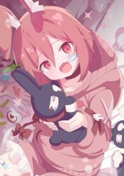 Rule 34 | 1girl, :d, absurdres, animal ear fluff, animal ears, bandages, bandaid, bandaid on cheek, bandaid on face, bandaid on leg, blush, bow, brown hoodie, choker, collarbone, commission, fang, frilled shorts, frills, hair between eyes, head tilt, highres, holding, holding stuffed toy, hood, hood down, hoodie, indie virtual youtuber, long sleeves, looking at viewer, lumu lemu, open mouth, pink hair, pink hoodie, pink shorts, puffy long sleeves, puffy sleeves, rabbit ears, rabbit girl, red bow, red eyes, red hair, shiro9jira, short hair, short shorts, shorts, sitting, skeb commission, skin fang, sleeves past wrists, smile, solo, sparkle, stuffed animal, stuffed rabbit, stuffed toy