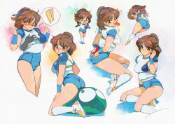 ! !! 1girl 1other :o absurdres arle_nadja armor arms_behind_back ass bdsm blue_buruma blue_ribbon blue_shirt blush bondage bound bound_wrists bow breasts brown_hair buruma character-themed_food chibi clenched_hands closed_mouth commentary cowboy_shot creature disembodied_hand embarrassed food food_in_mouth grabbing_another&#039;s_breast grabbing_from_behind green_eyes groping gym_shirt gym_uniform hair_ribbon hakunetsu!_puyolympic! hand_on_own_thigh hand_up hands_up highres kneehighs large_breasts looking_at_another looking_at_viewer looking_back looking_down medium_hair midair mouth_hold open_mouth parted_lips ponytail puyo_(puyopuyo) puyopuyo red_bow ribbon running shimadai587779 shirt shirt_tucked_in shoes short_ponytail short_sleeves single_shoulder_pad sitting slime_(creature) small_sweatdrop smile sneakers socks solo_focus spoken_exclamation_mark standing surprised sweat thighs tight_clothes tucking_hair two-tone_shirt w_arms white_background white_shirt white_socks wristband yellow_eyes yellow_shoes yokozuwari