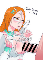 1girl artist_request bleach bleach:_sennen_kessen-hen breasts cleavage cleavage_cutout clothing_cutout cum cum_on_body cum_on_breasts cum_on_upper_body detached_sleeves inoue_orihime large_breasts long_hair paizuri