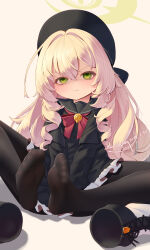 1girl absurdres beret black_dress black_hat black_pantyhose blonde_hair blue_archive boots bow bowtie curly_hair dress frilled_dress frills glaring green_eyes hair_between_eyes halo hat highres karv long_hair long_sleeves looking_at_viewer no_shoes pantyhose professor_niyaniya_(blue_archive) red_bow red_bowtie sailor_collar simple_background sitting soles solo unworn_boots very_long_hair wide_sleeves
