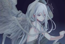 Rule 34 | 1girl, angel wings, blue eyes, commentary, crying, crying with eyes open, english commentary, feathered wings, from side, highres, hood, hood up, long hair, looking at viewer, miyotastic, parted lips, project sekai, solo, tears, topless female, very long hair, white hair, white hood, white wings, wings, yoisaki kanade