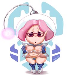1girl :o artist_name belly breasts brittany_(pikmin) cameltoe curvy glasses gloves helmet high_heels highres kneehighs large_breasts long_nose mob_face navel nintendo nipples pikmin_(series) pikmin_3 pink_hair plump pointy_ears pointy_nose see-through_clothes shiny_skin shortstack shoulder_pads skitterleaf socks sweat thick_thighs thighs wide_hips