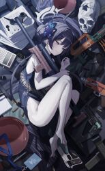 1girl ammunition armpit_crease assault_rifle barefoot beretta_92 blue_archive braid braided_bun bullet bullpup butterfly_hair_ornament calculator calligraphy_brush china_dress chinese_clothes commentary cs/ls06 double_bun dragon_print dress grey_eyes grey_halo gun hair_bun hair_ornament half-closed_eyes halo handgun helical_magazine high-capacity_magazine highres ink jacket kisaki_(blue_archive) ku!?_(ku_k_u) lanyard loli lying mac-10/11 magazine_(weapon) on_side paintbrush paper pelvic_curtain pinstripe_pattern pistol print_dress qbz-95 rifle rifle_cartridge skull smile solo striped_clothes striped_jacket submachine_gun suppressor thighs toes type_64_smg vertical-striped_clothes vertical-striped_jacket weapon