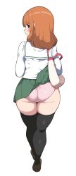 1girl absurdres accidental_exposure ass bag black_shoes black_thighhighs blush brown_eyes closed_mouth clothes_lift full_body girls_und_panzer green_skirt highres huge_ass loafers long_hair looking_at_viewer looking_back ooarai_school_uniform orange_hair panties pink_panties sailor_collar school_uniform shirt shoes shoulder_bag sideways_glance simple_background skindentation skirt skirt_caught_on_object skirt_lift solo standing takebe_saori thighhighs thighs underwear white_background white_sailor_collar white_shirt yabai_gorilla