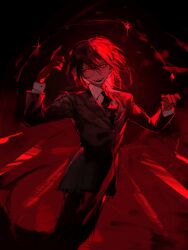 1boy arm_up chinese_commentary collared_shirt cowboy_shot fangs glasses hair_between_eyes hand_up highres jacket korean_commentary long_sleeves looking_at_viewer male_focus medium_hair monochrome necktie open_mouth original red_theme shirt smile solo vihua6