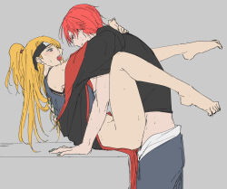 2boys anal arms_around_neck barefoot blonde_hair blue_eyes blush crop_top deidara_(naruto) drooling fishnet_top fishnets forehead_protector green_nails hayamin35 high_ponytail long_hair looking_at_another male_focus moaning multiple_boys nail_polish naruto_(series) naruto_shippuuden open_clothes open_mouth open_robe parted_lips partially_undressed ponytail red_eyes red_hair robe sasori_(naruto) short_hair sketch sweat yaoi
