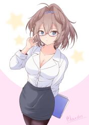1girl alternate_costume bespectacled blue_eyes breasts brown_hair glasses hair_between_eyes highres kantai_collection long_hair long_sleeves messy_hair pantyhose papers pencil_skirt sheffield_(kancolle) shirt shizuna_kaede skirt solo teacher white_shirt