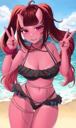 Rule 34 | 1girl, ahoge, beach, bikini, black bikini, black nails, breasts, chain, cleavage, cloud, colored skin, commission, crescent, crescent necklace, diamond-shaped pupils, diamond (shape), double v, highres, horns, indie virtual youtuber, jewelry, navel, necklace, ocean, oni, open mouth, pink eyes, pink skin, red hair, ruby voxx, shadow, sky, solo, swimsuit, symbol-shaped pupils, tan, tanline, thigh gap, twintails, v, velvet noir, virtual youtuber