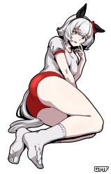 1girl animal_ears artist_name ass black_hairband bow breasts buruma commentary_request curren_chan_(umamusume) ear_bow ear_covers feet foot_focus full_body gmf_(0gmf0) grey_hair grey_socks gym_uniform hairband highres horse_ears horse_girl horse_tail korean_commentary looking_at_viewer lying medium_breasts no_shoes on_side pink_eyes red_buruma shirt short_hair socks soles solo t-shirt tail toes umamusume white_shirt white_socks