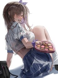 1girl absurdres blue_skirt box box_of_chocolates bra_visible_through_clothes breasts brown_hair chii_(chiiriring) dark-skinned_female dark_skin giving_food goddess_of_victory:_nikke hashtag-only_commentary heart-shaped_box highres holding holding_box knees_up large_breasts long_hair looking_at_viewer naga_(nikke) orange_eyes pleated_skirt school_uniform shirt simple_background skirt socks solo white_background white_shirt white_socks
