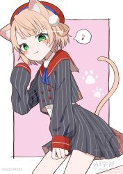 1girl absurdres animal_ears blonde_hair border cat_day cat_ears cat_girl cat_tail cowboy_shot dated green_eyes grey_shirt grey_skirt hat highres indie_virtual_youtuber looking_at_viewer miniskirt musical_note norimi_(01norimi28) pink_background pinstripe_pattern pinstripe_shirt pinstripe_skirt red_hat red_sailor_collar sailor_collar shigure_ui_(vtuber) shirt skirt skirt_set solo spoken_musical_note standing tail white_border
