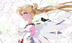 1girl bad_id bad_twitter_id bishoujo_senshi_sailor_moon blonde_hair choker closed_mouth crescent crescent_earrings earrings falling_petals floating_hair hair_bun highres jewelry looking_ahead magical_girl parted_bangs petals pochi_(askas_is_god) red_choker sailor_moon sailor_senshi_uniform solo sparkle tsukino_usagi twintails upper_body white_wings wings