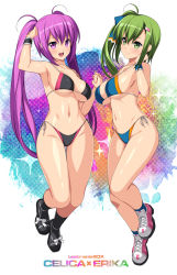 Rule 34 | 2girls, beatmania iidx, bemani, bikini, black bikini, blue bikini, breasts, commentary request, full body, green eyes, green hair, kinoshita ichi, kitami erika, large breasts, long hair, mizushiro celica, multiple girls, purple eyes, purple hair, shoes, side-tie bikini bottom, side ponytail, sneakers, string bikini, swimsuit, twintails, wristband