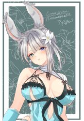 1girl absurdres blue_eyes breasts commentary_request eyelashes flower green_background green_eyes grey_hair hair_flower hair_ornament heterochromia highres kaine_(nier) kemonomimi_mode large_breasts lingerie looking_at_viewer mole mole_under_eye nekonekoz001 nier nier_(series) outside_border parted_lips solo underwear upper_body white_flower
