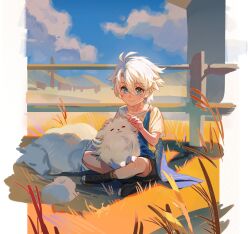 1boy 66034291 absurdres antenna_hair black_shoes black_shorts blue_eyes blue_sky chinese_commentary commentary_request dog highres honkai:_star_rail honkai_(series) male_focus petting phainon_(honkai:_star_rail) shirt shoes short_hair shorts sitting sky smile solo sun_symbol sun_tattoo tan white_hair white_shirt