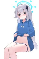 Rule 34 | 1girl, absurdres, blue archive, blue coat, blue halo, blush, closed mouth, coat, commentary, hair ribbon, halo, highres, long hair, miyako (blue archive), panties, purple eyes, ribbon, side ponytail, solo, tisofofo, underwear, white background, white hair, white panties