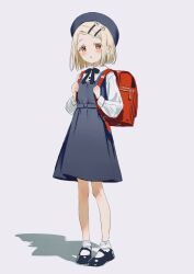 1girl absurdres arisu_syndrome backpack bag beret blonde_hair blue_bow blue_bowtie blue_dress blue_hat blue_shoes bobby_socks bow bowtie collared_shirt dress full_body gakuen_idolmaster hair_ornament hairclip hat highres holding_strap idolmaster long_sleeves looking_at_viewer mary_janes parted_bangs pinafore_dress randoseru red_bag red_eyes shinosawa_hiro shirt shoes short_hair sleeveless sleeveless_dress socks solo standing white_shirt white_socks