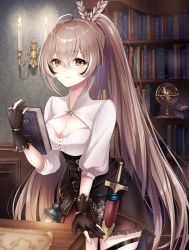 1girl ahoge asymmetrical_legwear belt book bookshelf brown_corset brown_eyes brown_hair candle cleavage_cutout clothing_cutout corset dagger feather_hair_ornament feathers fingernails gloves hair_ornament hairclip highres holding holding_book hololive hololive_english knife lantern long_hair looking_at_viewer lucian_zzz map multicolored_hair nanashi_mumei nanashi_mumei_(1st_costume) partially_fingerless_gloves planetarium pleated_skirt ponytail red_skirt scroll shirt skirt smile streaked_hair table thigh_strap very_long_hair virtual_youtuber weapon white_shirt wooden_table