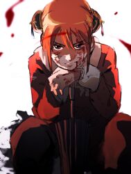 Rule 34 | 1girl, blood, blood on face, blue eyes, bun cover, closed mouth, commentary request, double bun, floating blood, gintama, hair bun, highres, imamuu (imamoon), kagura (gintama), long sleeves, looking at viewer, planted, planted umbrella, sidelocks, sitting, smile, solo, umbrella