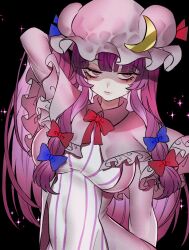 1girl black_background breasts closed_mouth crescent crescent_hat_ornament dress expressionless hair_ribbon hand_in_own_hair hat hat_ornament highres long_hair looking_at_viewer medium_breasts mob_cap neon_(co2co8) patchouli_day patchouli_knowledge pink_robe purple_eyes purple_hair ribbon robe solo striped_clothes touhou upper_body white_dress
