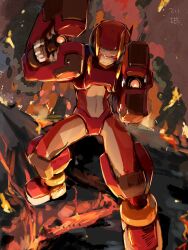 Rule 34 | 1boy, aiming, aiming at viewer, armor, dual wielding, facial mark, fighting fefnir (mega man), forehead jewel, gun, helmet, highres, holding, holding gun, holding weapon, horns, lava, male focus, mega man (series), mega man zero (series), omochi (mochi skymega), red armor, red eyes, red helmet, solo, weapon