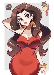 1girl ape bare_shoulders blue_eyes breasts brown_hair cleavage covered_navel donkey_kong donkey_kong_(series) dress earrings eyeshadow floating_earrings gold_earrings highres jewelry large_breasts lipstick long_hair looking_at_viewer makeup mario_(series) navel necktie nintendo pauline_(mario) purple_eyeshadow red_dress red_lips super_mario_odyssey taut_clothes taut_dress touyarokii
