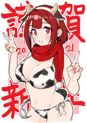 1girl 2021 animal_ear_hairband animal_ears animal_print bikini border breasts commentary_request cow_ear_hairband cow_ears cow_horns cow_print cow_print_bikini cow_tail cropped_legs fake_animal_ears fake_horns fake_tail finger_counting hairband highres horns large_breasts light_blush looking_at_viewer navel original outline outside_border parted_lips pink_background pink_nails print_bikini red_eyes red_hair red_scarf scarf short_hair side-tie_bikini_bottom solo swimsuit tail takuji_yuusaku translation_request white_border white_outline