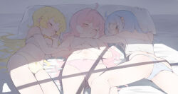 3girls absurdres ahoge blonde_hair blue_eyes blue_hair blush cameltoe camisole closed_eyes commentary encore_(wuthering_waves) highres loli long_hair looking_at_viewer lying medium_hair midriff multiple_girls on_stomach panties pillow pink_hair sidelocks sleeping underwear verina_(wuthering_waves) white_camisole white_panties wuthering_waves xaea_xp youhu_(wuthering_waves)