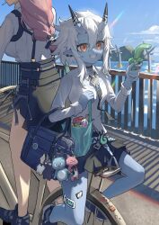 2girls absurdres bag bandaid bandaid_on_leg bicycle black_choker black_necktie blue_oni blue_skin blue_sky chen_qixing choker collared_shirt colored_skin food hair_between_horns high-waist_skirt highres holding holding_food holding_ice_cream horns ice_cream long_hair multicolored_horns multiple_girls necktie oni orange_eyes pencil_skirt pink_eyes pink_hair riding riding_bicycle ring_hair_ornament shirt shopping_bag skirt sky smile soukaku_(zenless_zone_zero) tsukishiro_yanagi two-tone_horns white_hair white_shirt zenless_zone_zero