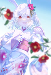 Rule 34 | 1girl, :d, animal ears, blue background, blurry, blush, chinese zodiac, colored eyelashes, depth of field, floral print, floral print kimono, flower, gloves, gradient background, hair flower, hair ornament, highres, japanese clothes, kimono, long sleeves, new year, obi, open mouth, original, osakana (0519 sakana), pale skin, print kimono, purple sash, rabbit ears, red eyes, red flower, ribbon, sash, smile, solo, white background, white eyelashes, white gloves, white hair, white kimono, year of the rabbit, yellow ribbon