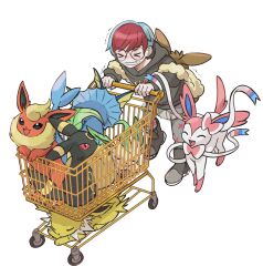 Rule 34 | &gt; &lt;, 1girl, absurdres, anzu (01010611), backpack, bag, boots, brown bag, clenched teeth, closed eyes, flareon, gen 1 pokemon, gen 2 pokemon, gen 4 pokemon, gen 6 pokemon, glasses, highres, holding, hood, hood down, hoodie, jolteon, leafeon, leaning forward, multicolored hair, nintendo, pantyhose, penny (pokemon), pokemon, pokemon (creature), pokemon sv, pushing, red hair, round eyewear, see-through clothes, see-through skirt, shopping cart, short hair, simple background, skirt, standing, sylveon, teeth, trembling, two-tone hair, umbreon, vaporeon, white background