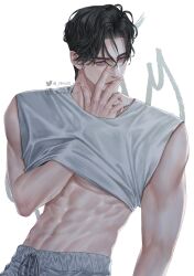 1boy abs animal_nose closed_mouth clothes_lift collarbone_tattoo grey_pants grey_shirt hair_between_eyes hand_under_clothes highres hwan lips looking_to_the_side male_focus muscular muscular_male navel original pants parted_bangs purple_eyes shirt short_hair simple_background sleeveless sleeveless_shirt solo upper_body white_shirt