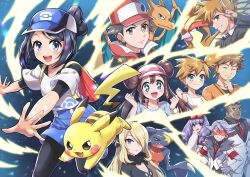 +_+ 5boys 5girls :d absurdres backpack bag bettie_(pokemon) black_hair black_leggings blonde_hair blue_footwear blue_headwear blue_oak blue_shorts blush breasts brock_(pokemon) charizard coat commentary cynthia_(pokemon) dark-skinned_male dark_skin english_commentary eyewear_on_head fur_collar garchomp gen_1_pokemon gen_4_pokemon gloves hair_ornament hair_over_one_eye hand_up hat highres lear_(pokemon) leggings long_hair long_sleeves medium_breasts misty_(pokemon) mono_land multiple_boys multiple_girls necktie nintendo official_art open_mouth pidgeot pikachu pokemon pokemon_(creature) pokemon_bw2 pokemon_dppt pokemon_hgss pokemon_lgpe pokemon_masters_ex purple_hair rachel_(pokemon) red_(pokemon) red_coat red_headwear red_necktie rosa_(pokemon) sawyer_(pokemon_masters_ex) shirt shoes shorts sleeveless sleeveless_coat small_breasts smile spread_fingers sunglasses teeth undershirt upper_teeth_only white_shirt