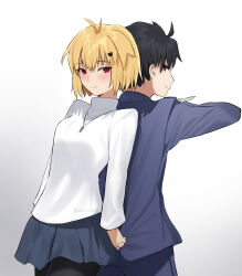 Rule 34 | 1boy, 1girl, absurdres, ahoge, arcueid brunestud, black eyes, black hair, breasts, coti neko, couple, hair ornament, hairpin, highres, holding, holding knife, holding weapon, jewelry, knife, looking at another, looking back, nanatsu-yoru, necklace, pantyhose, pulling another&#039;s clothes, red eyes, reverse grip, school uniform, short hair, skirt, smile, souya high school uniform, sweater, tohno shiki, tsukihime, tsukihime (remake), turtleneck, turtleneck sweater, upper body, weapon, white sweater