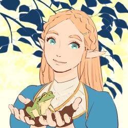 Rule 34 | 1girl, 55bata6rou, animal, blonde hair, blue eyes, blue shirt, braid, branch, brown gloves, closed mouth, crown braid, fingerless gloves, frog, gloves, hair ornament, hairclip, hands up, highres, holding, holding animal, holding frog, leaf, long hair, looking at viewer, nintendo, pointy ears, princess zelda, shirt, sidelocks, smile, solo, the legend of zelda, the legend of zelda: breath of the wild, upper body