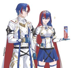 Rule 34 | 1boy, 1girl, absurdres, female alear (fire emblem), male alear (fire emblem), armor, blue eyes, blue hair, blush, breasts, can, crossed bangs, drink can, dual persona, fire emblem, fire emblem engage, gloves, heterochromia, highres, holding, holding can, jewelry, long hair, matching hair/eyes, medium breasts, moja (rainpoow), multicolored hair, nintendo, pepsi, red eyes, red hair, smile, soda can, toothpaste, two-tone hair, very long hair